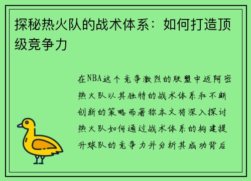 探秘热火队的战术体系：如何打造顶级竞争力