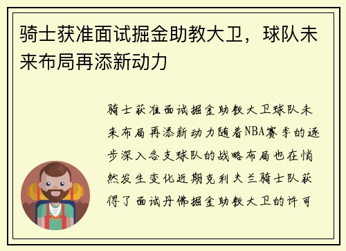 骑士获准面试掘金助教大卫，球队未来布局再添新动力