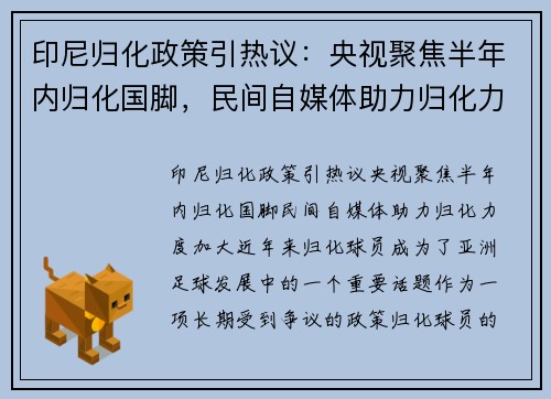 印尼归化政策引热议：央视聚焦半年内归化国脚，民间自媒体助力归化力度加大