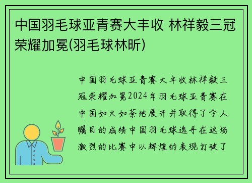 中国羽毛球亚青赛大丰收 林祥毅三冠荣耀加冕(羽毛球林昕)