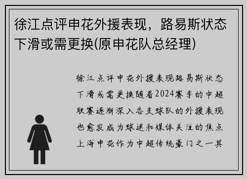 徐江点评申花外援表现，路易斯状态下滑或需更换(原申花队总经理)