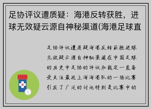 足协评议遭质疑：海港反转获胜，进球无效疑云源自神秘渠道(海港足球直播)