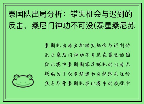 泰国队出局分析：错失机会与迟到的反击，桑尼门神功不可没(泰星桑尼苏瓦美塔农)
